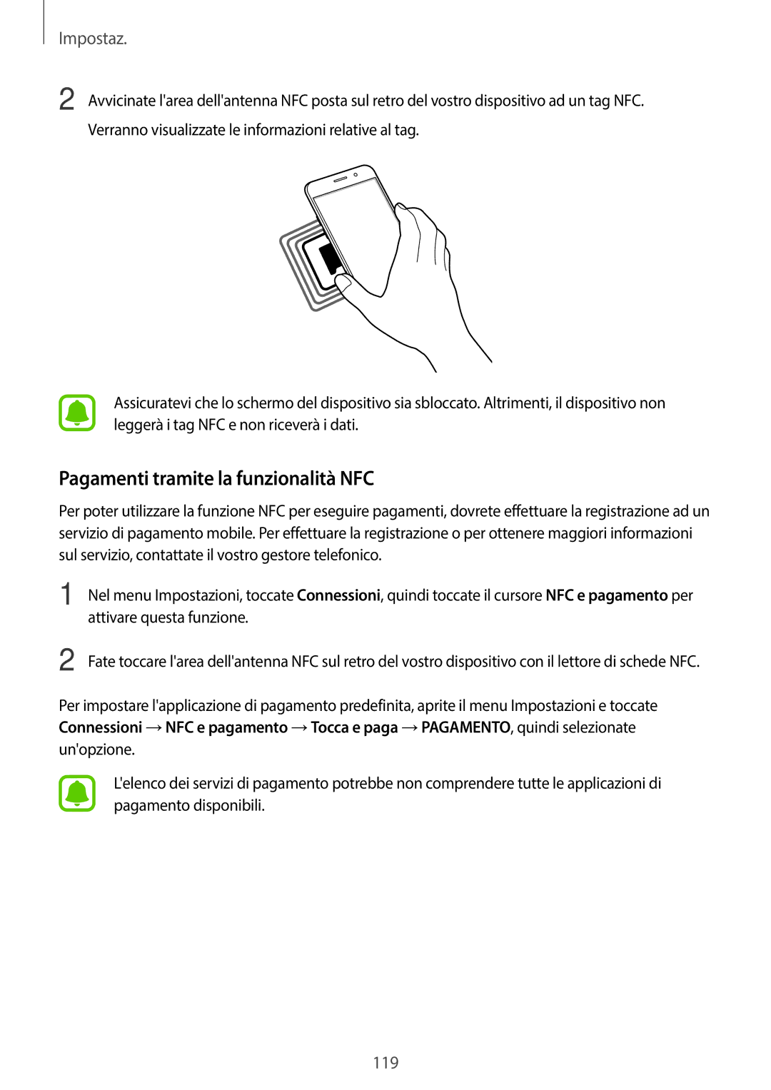 Samsung SM-A320FZKNITV, SM-A320FZBNITV, SM-A320FZINITV, SM-A320FZDNITV manual Pagamenti tramite la funzionalità NFC 