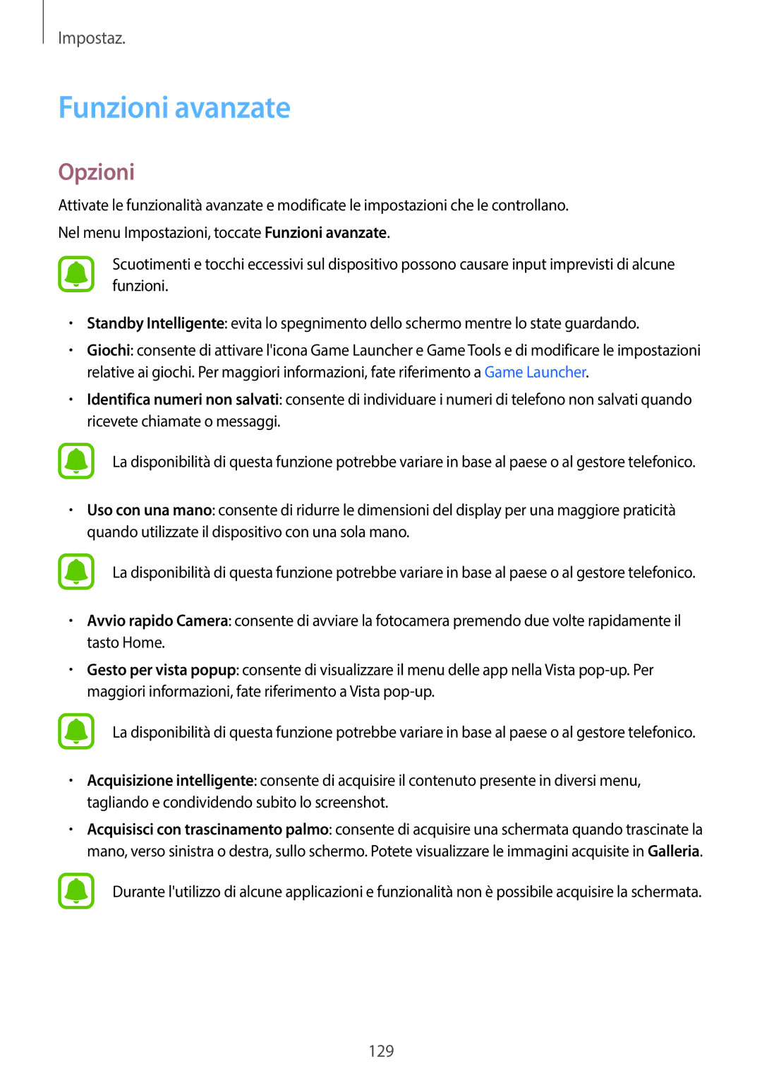 Samsung SM-A320FZINITV, SM-A320FZBNITV, SM-A320FZDNITV, SM-A320FZKNITV manual Funzioni avanzate, Opzioni 