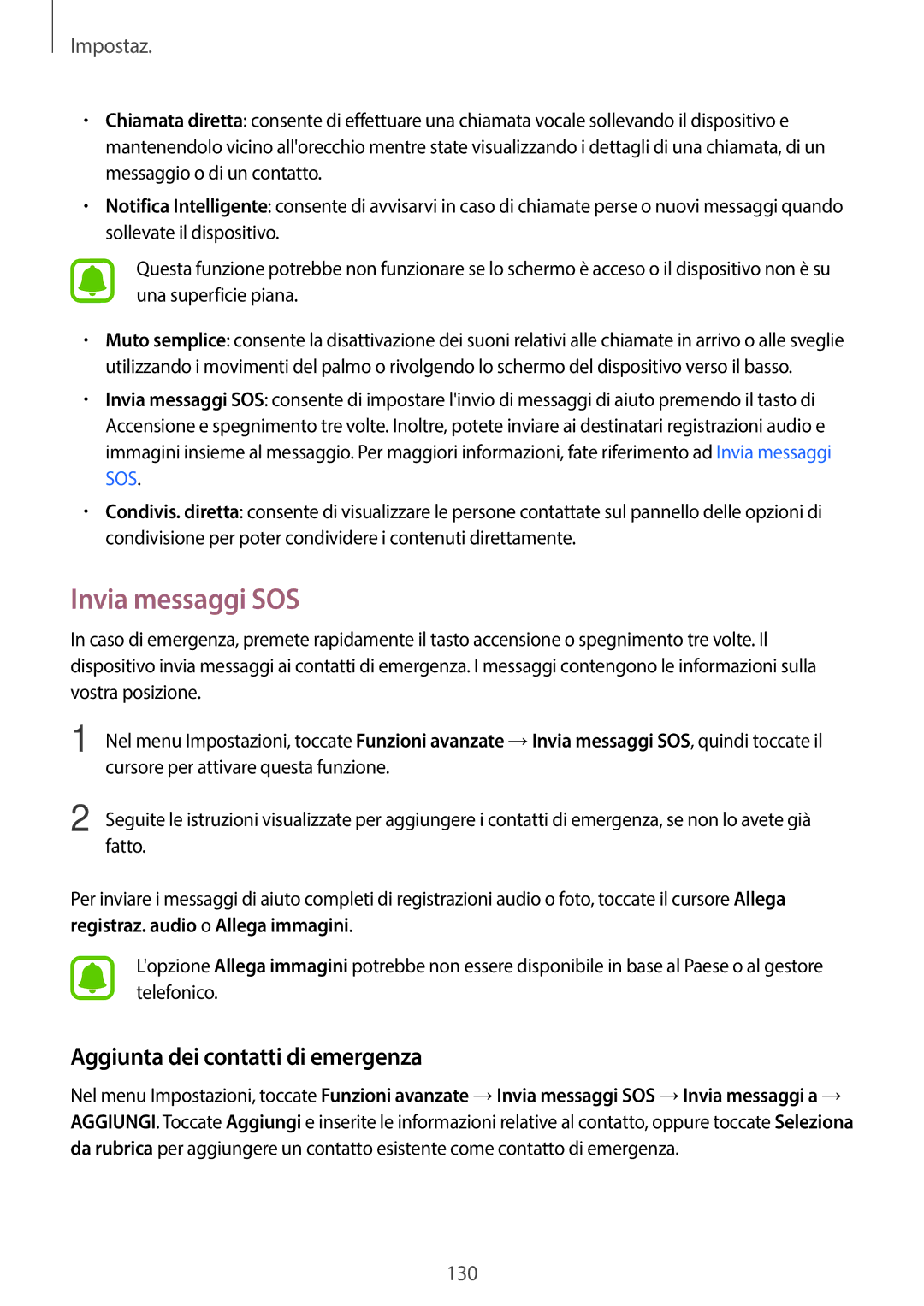 Samsung SM-A320FZDNITV, SM-A320FZBNITV, SM-A320FZINITV manual Invia messaggi SOS, Aggiunta dei contatti di emergenza 