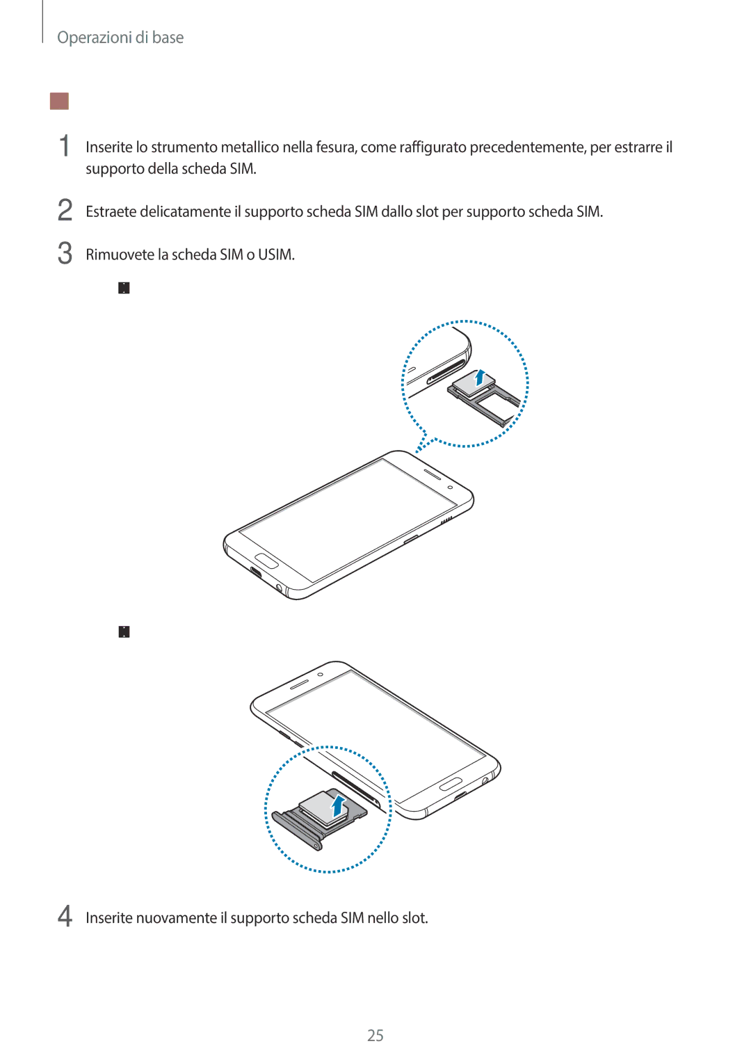 Samsung SM-A320FZINITV, SM-A320FZBNITV, SM-A320FZDNITV Rimozione della scheda SIM o Usim, Tipo 1 SM-A320FL Tipo 2 SM-A520F 