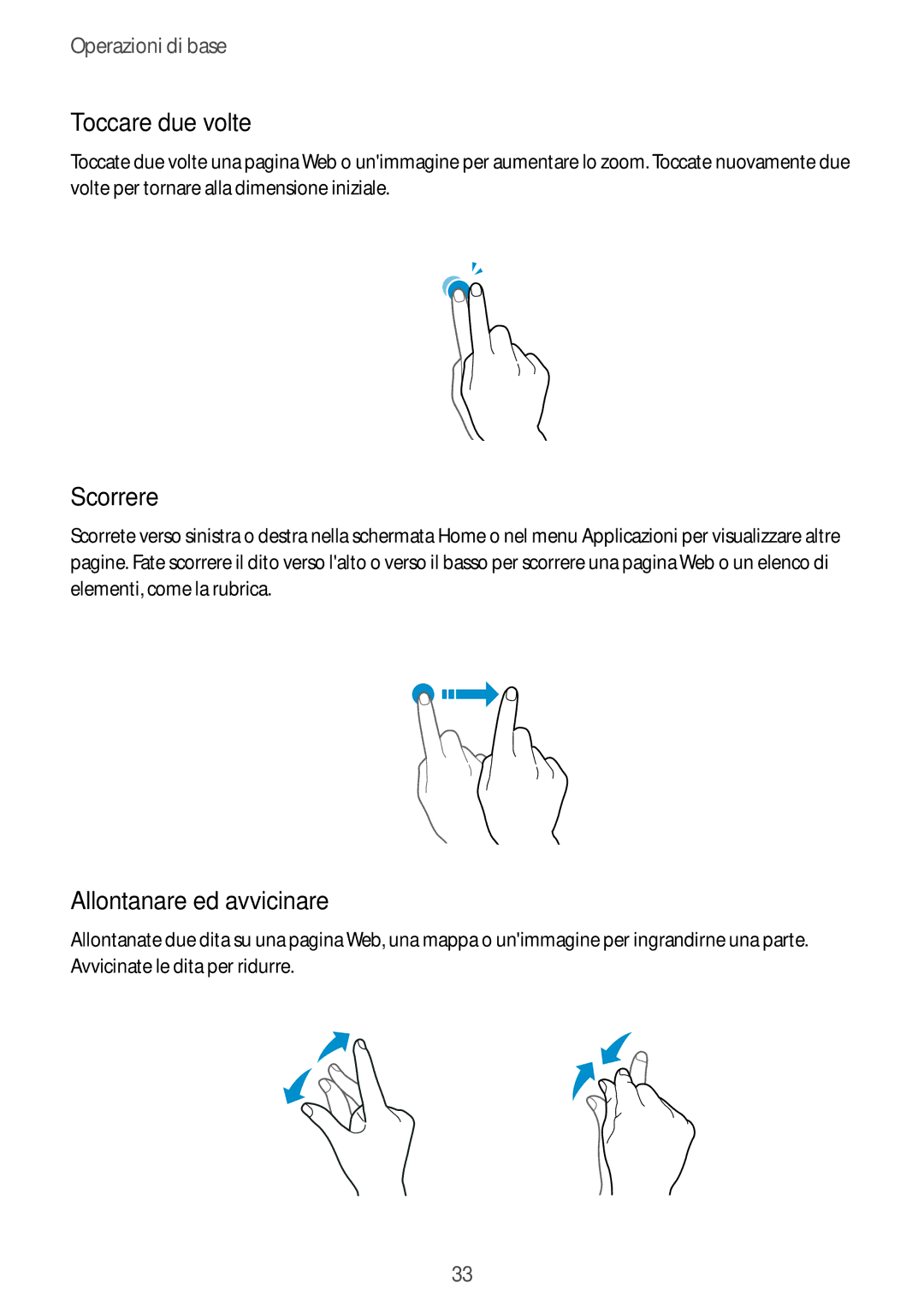 Samsung SM-A320FZINITV, SM-A320FZBNITV, SM-A320FZDNITV manual Toccare due volte, Scorrere, Allontanare ed avvicinare 
