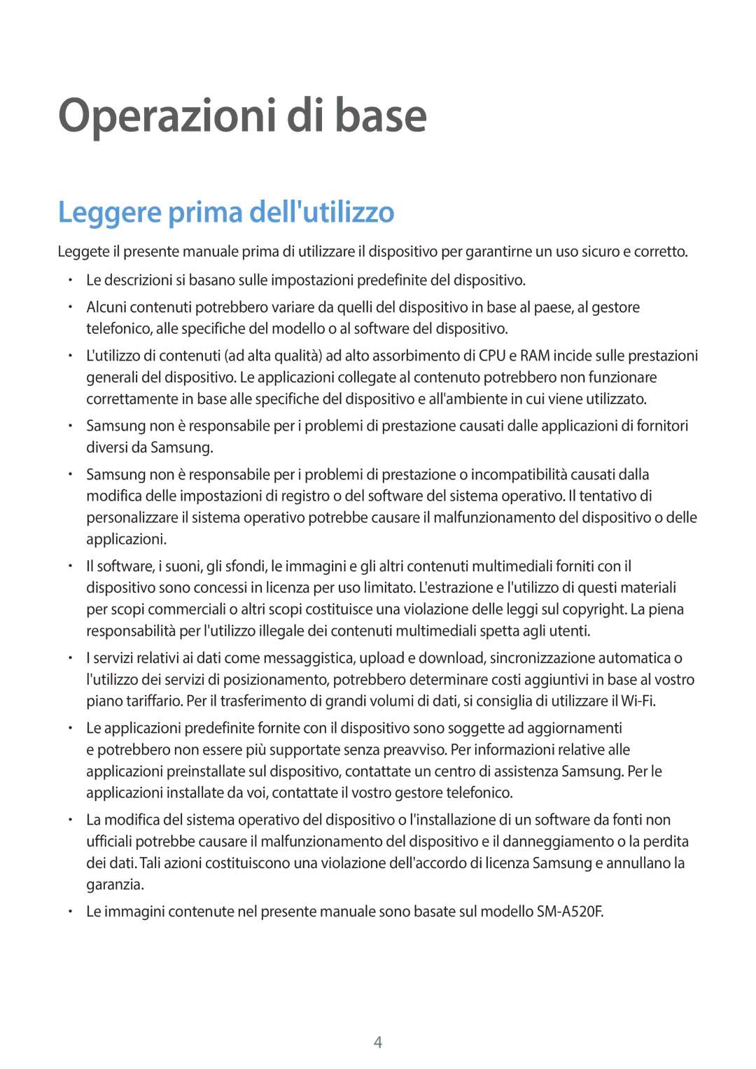 Samsung SM-A320FZBNITV, SM-A320FZINITV, SM-A320FZDNITV, SM-A320FZKNITV manual Operazioni di base, Leggere prima dellutilizzo 