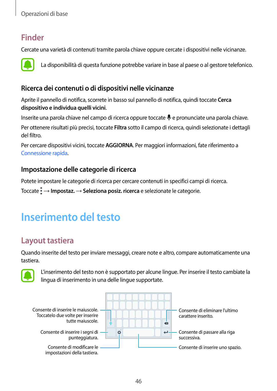 Samsung SM-A320FZDNITV manual Inserimento del testo, Finder, Layout tastiera, Impostazione delle categorie di ricerca 