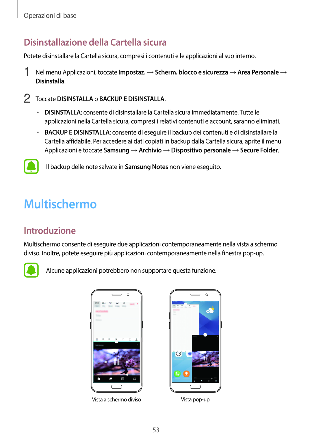 Samsung SM-A320FZINITV Multischermo, Disinstallazione della Cartella sicura, Toccate Disinstalla o Backup E Disinstalla 