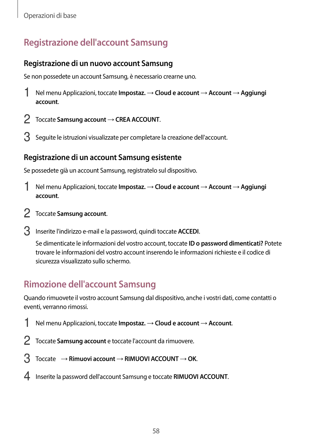 Samsung SM-A320FZDNITV, SM-A320FZBNITV, SM-A320FZINITV Registrazione dellaccount Samsung, Rimozione dellaccount Samsung 