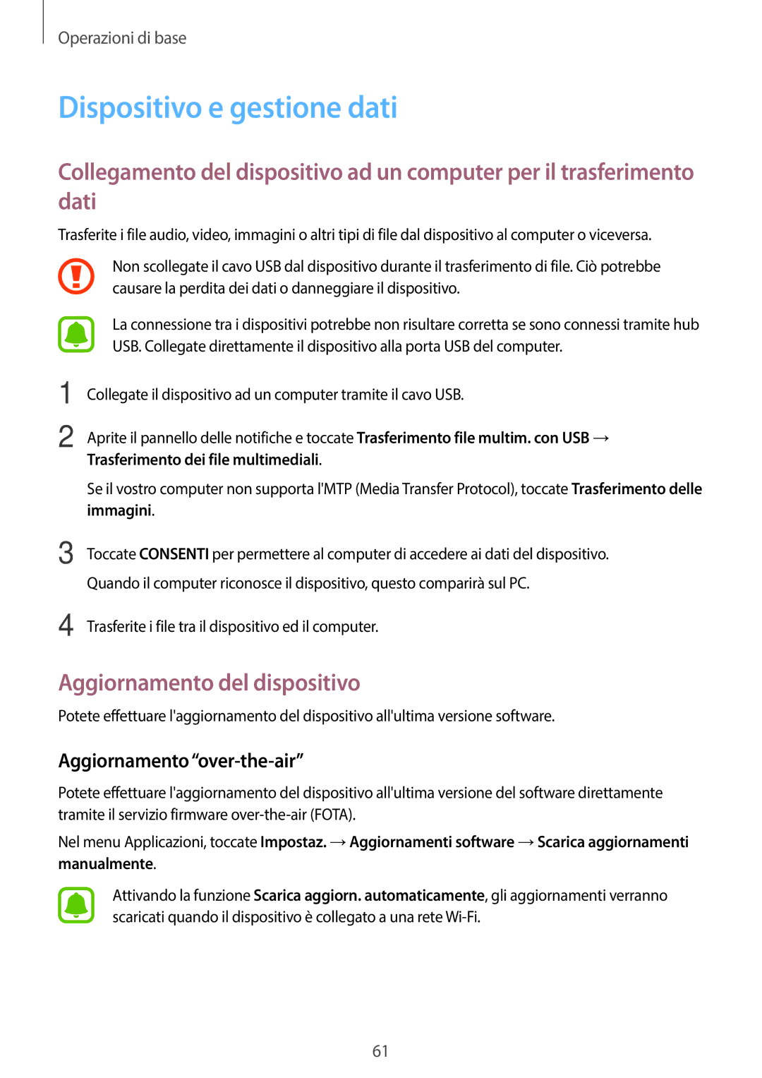 Samsung SM-A320FZINITV manual Dispositivo e gestione dati, Aggiornamento del dispositivo, Aggiornamento over-the-air 