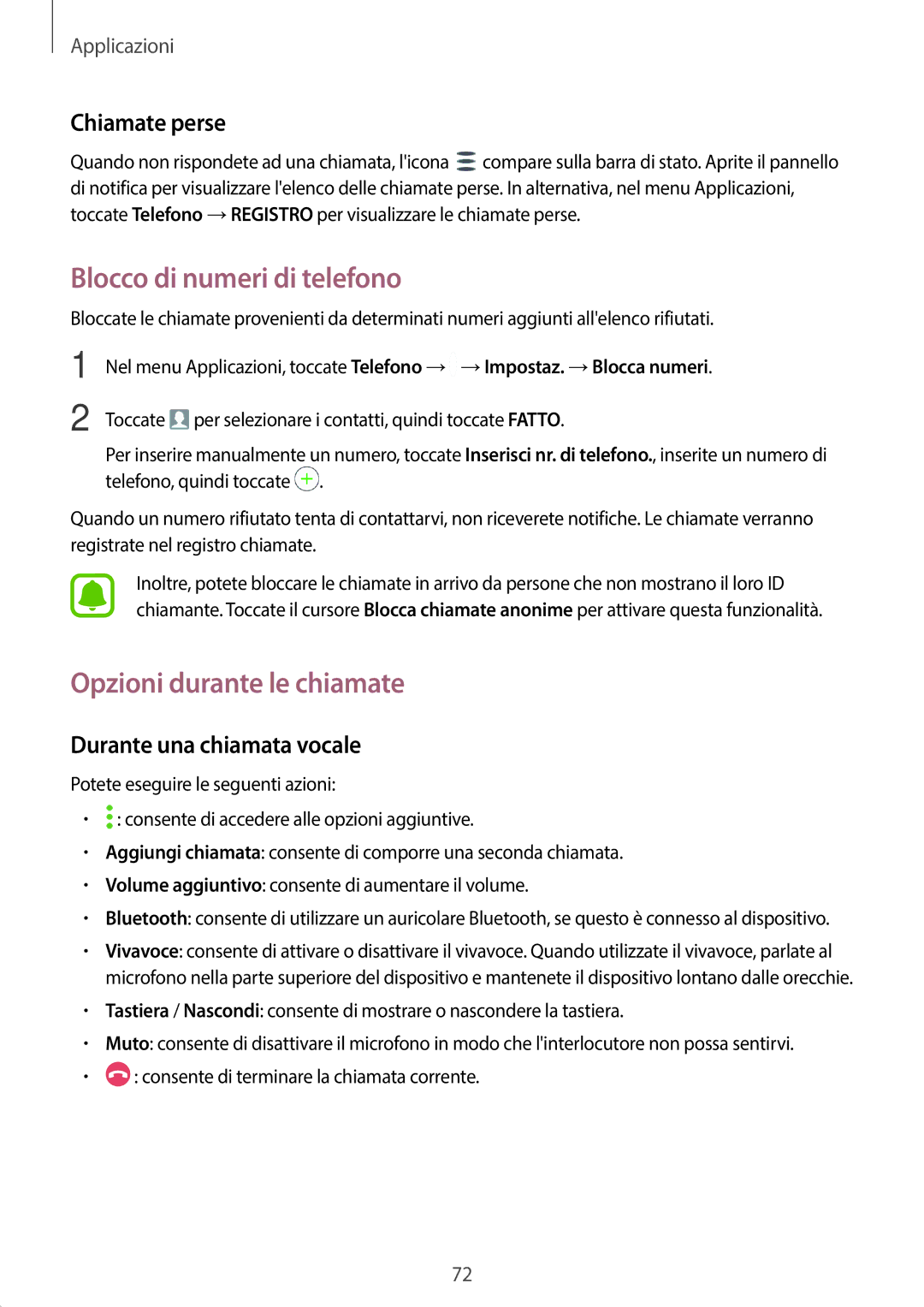 Samsung SM-A320FZBNITV, SM-A320FZINITV manual Blocco di numeri di telefono, Opzioni durante le chiamate, Chiamate perse 