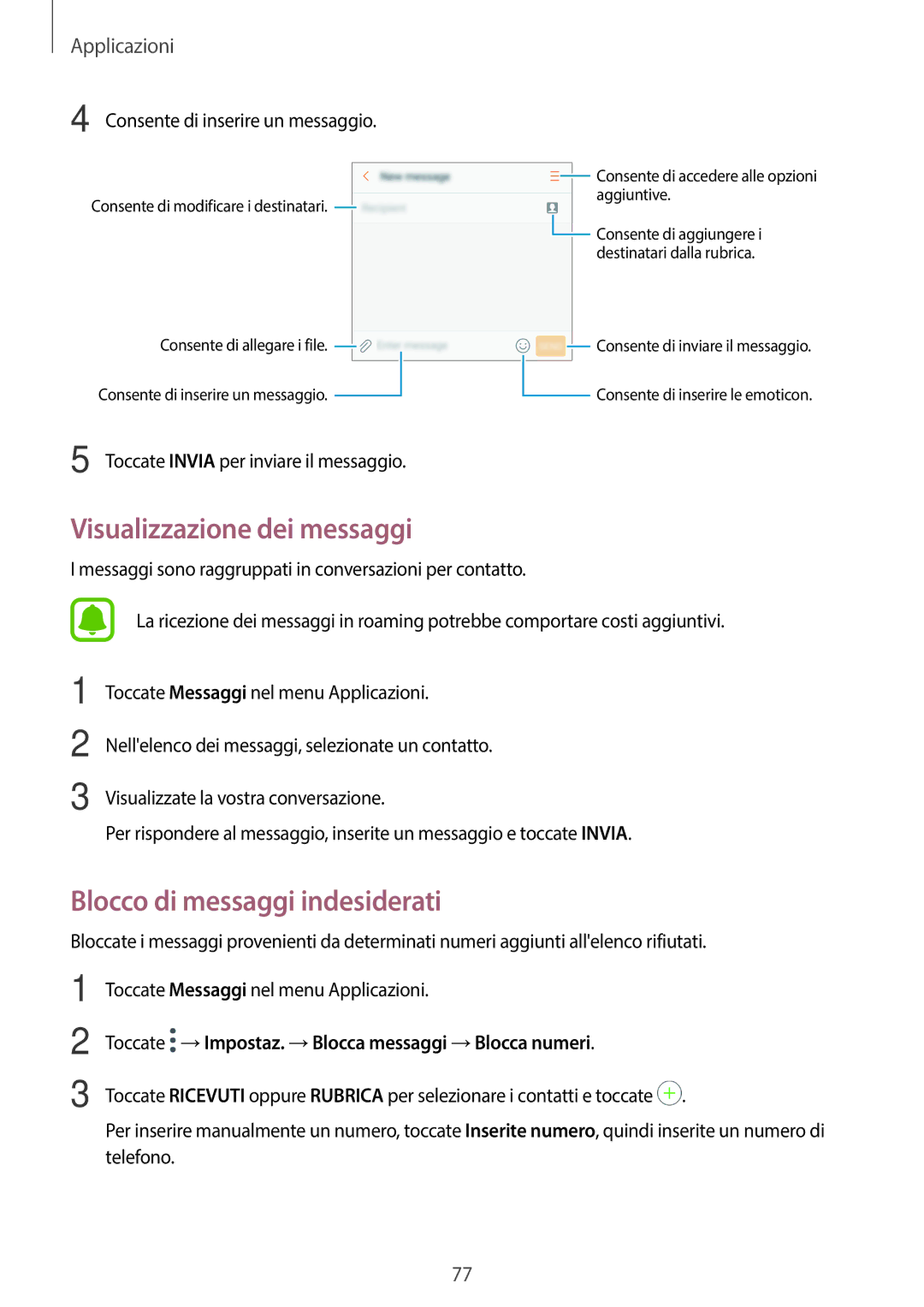 Samsung SM-A320FZINITV, SM-A320FZBNITV, SM-A320FZDNITV manual Visualizzazione dei messaggi, Blocco di messaggi indesiderati 