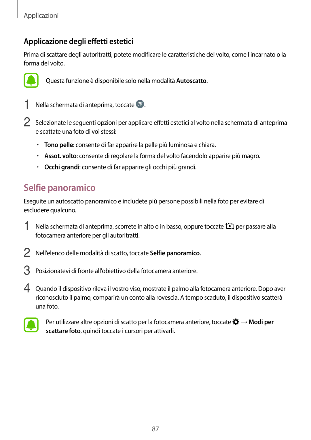 Samsung SM-A320FZKNITV, SM-A320FZBNITV, SM-A320FZINITV manual Selfie panoramico, Applicazione degli effetti estetici 