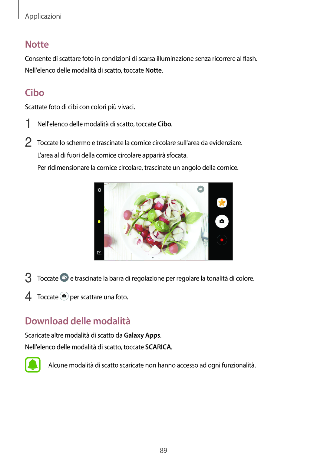 Samsung SM-A320FZINITV, SM-A320FZBNITV, SM-A320FZDNITV, SM-A320FZKNITV manual Notte, Cibo, Download delle modalità 