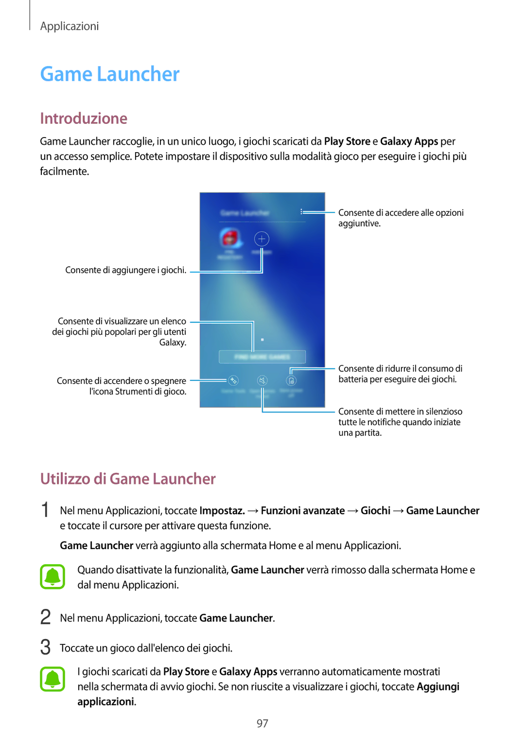 Samsung SM-A320FZINITV, SM-A320FZBNITV, SM-A320FZDNITV, SM-A320FZKNITV manual Utilizzo di Game Launcher 