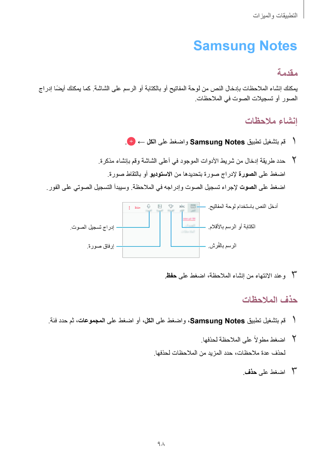 Samsung SM-A520FZIDKSA, SM-A320FZDDKSA Samsung Notes, تاظحلام ءاشنإ, تاظحلاملا فذح, تاظحلاملا يف توصلا تلايجست وأ روصلا 