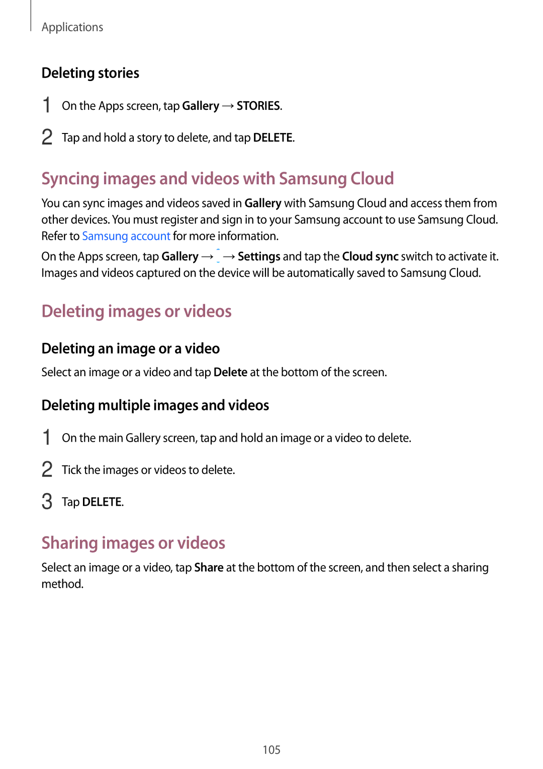 Samsung SM-A320FZDNXEF Syncing images and videos with Samsung Cloud, Deleting images or videos, Sharing images or videos 