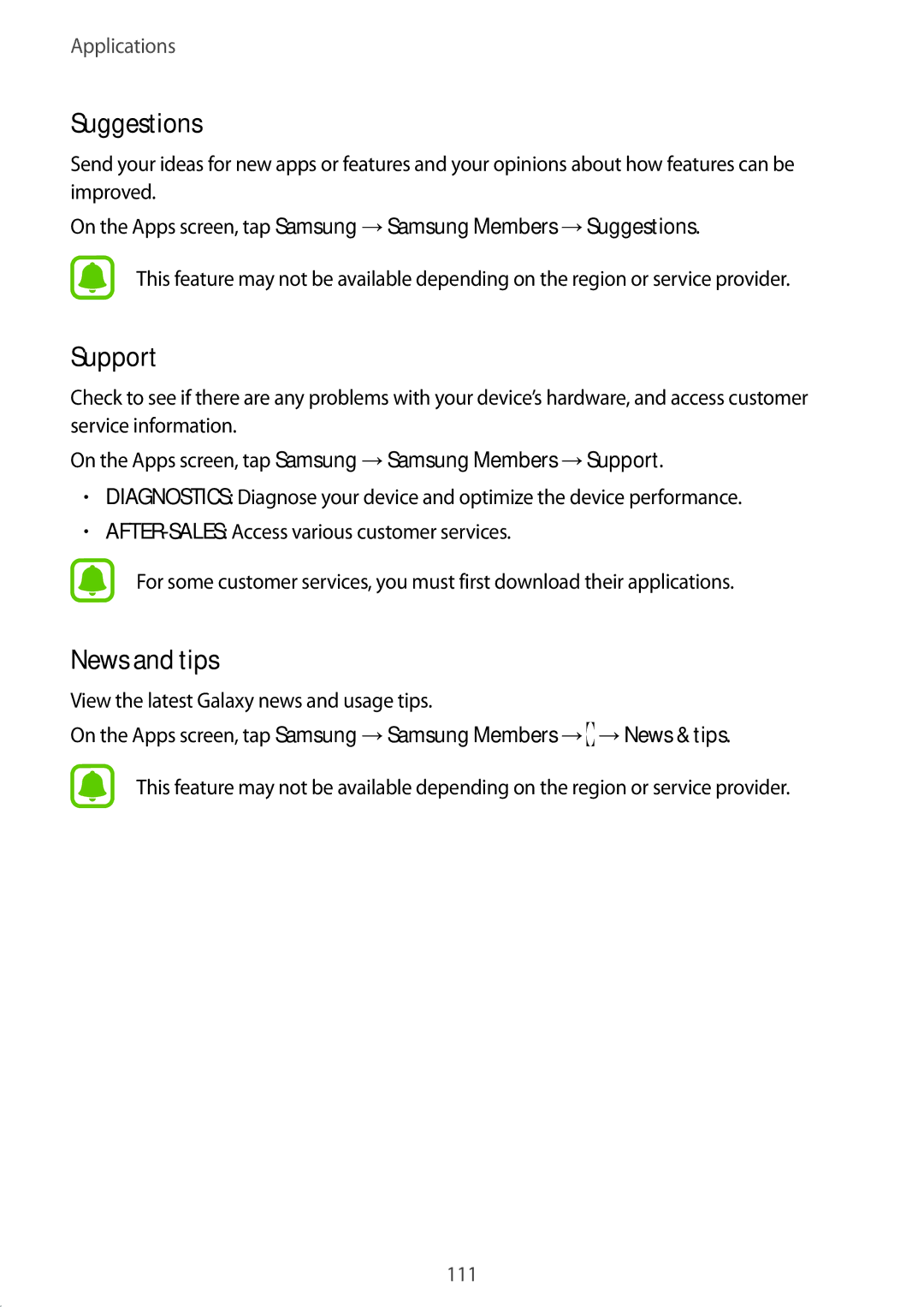 Samsung SM-A320FZKNITV manual Suggestions, News and tips, On the Apps screen, tap Samsung →Samsung Members →Support 