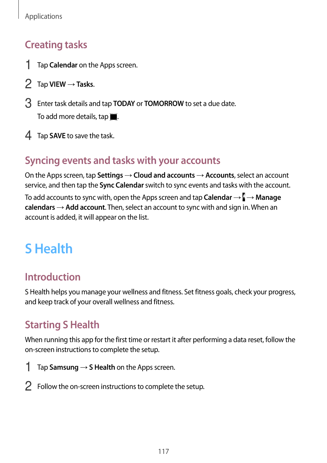Samsung SM-A320FZKDKSA Creating tasks, Syncing events and tasks with your accounts, Starting S Health, Tap View →Tasks 