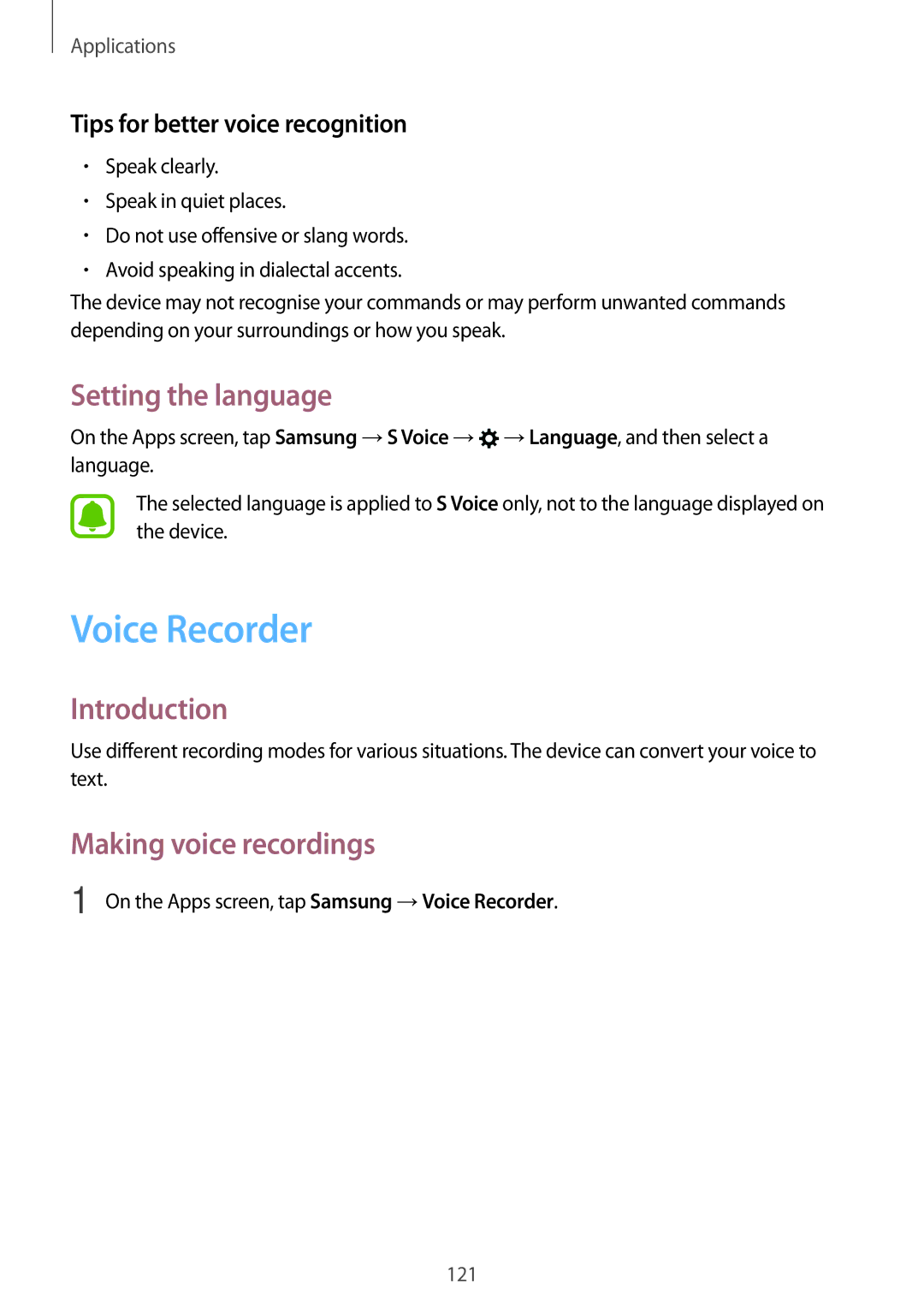 Samsung SM-A320YZKDXXV Voice Recorder, Setting the language, Making voice recordings, Tips for better voice recognition 