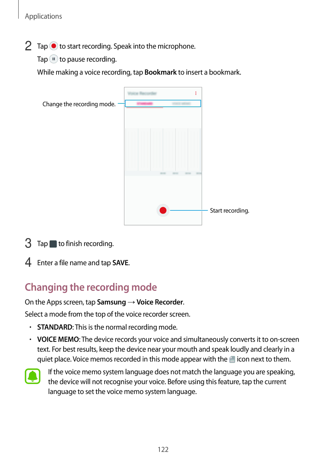 Samsung SM-A320FZKNBGL, SM-A320FZDNDBT, SM-A320FZKNDBT, SM-A320FZINDBT, SM-A320FZBNDBT manual Changing the recording mode 