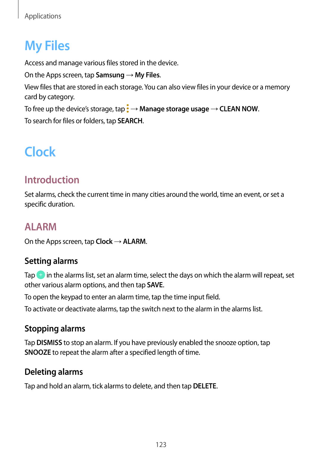 Samsung SM-A320FZKNSEE, SM-A320FZDNDBT, SM-A320FZKNDBT My Files, Clock, Setting alarms, Stopping alarms, Deleting alarms 