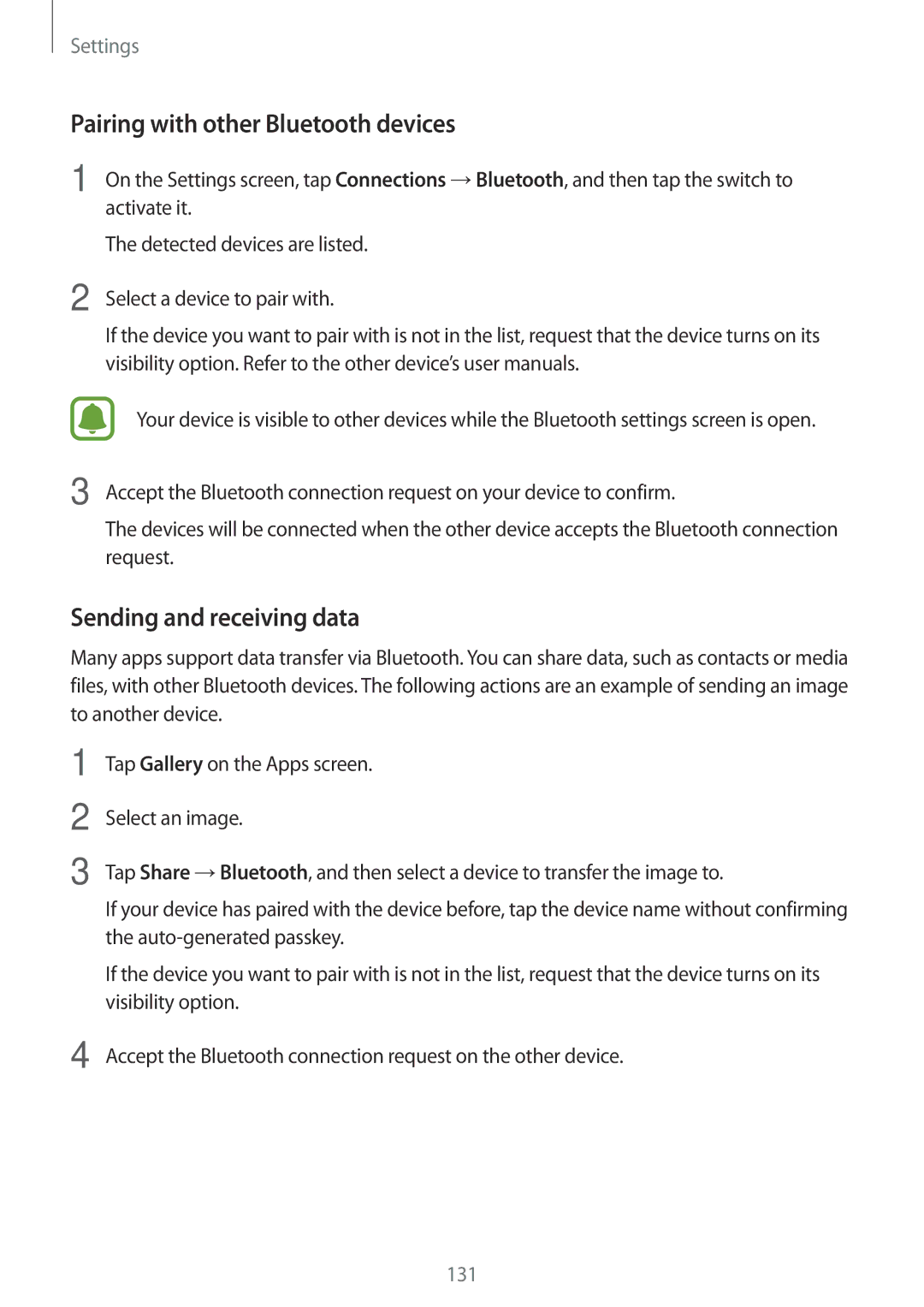 Samsung SM-A320FZKNNEE, SM-A320FZDNDBT, SM-A320FZKNDBT Pairing with other Bluetooth devices, Sending and receiving data 