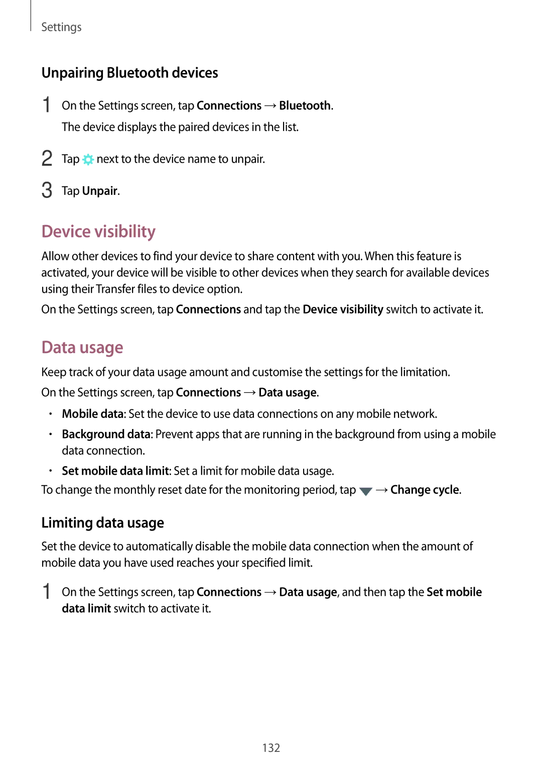 Samsung SM-A320FZDNNEE manual Device visibility, Data usage, Unpairing Bluetooth devices, Limiting data usage, Tap Unpair 