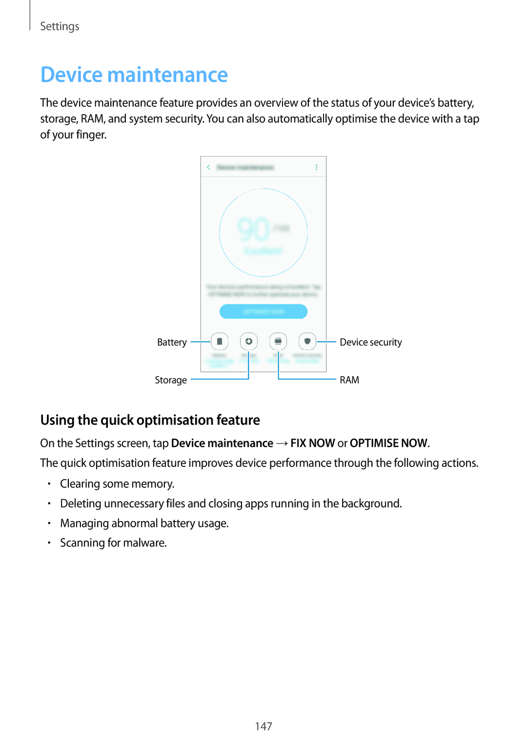 Samsung SM-A320FZDNCYV, SM-A320FZDNDBT, SM-A320FZKNDBT manual Device maintenance, Using the quick optimisation feature 