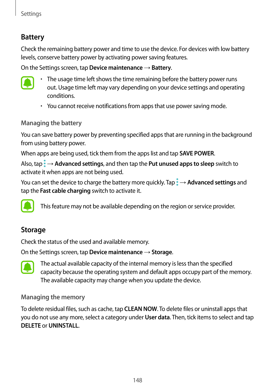 Samsung SM-A320FZINVGR, SM-A320FZDNDBT, SM-A320FZKNDBT, SM-A320FZINDBT, SM-A320FZBNDBT, SM-A320FZKNXEF manual Battery, Storage 