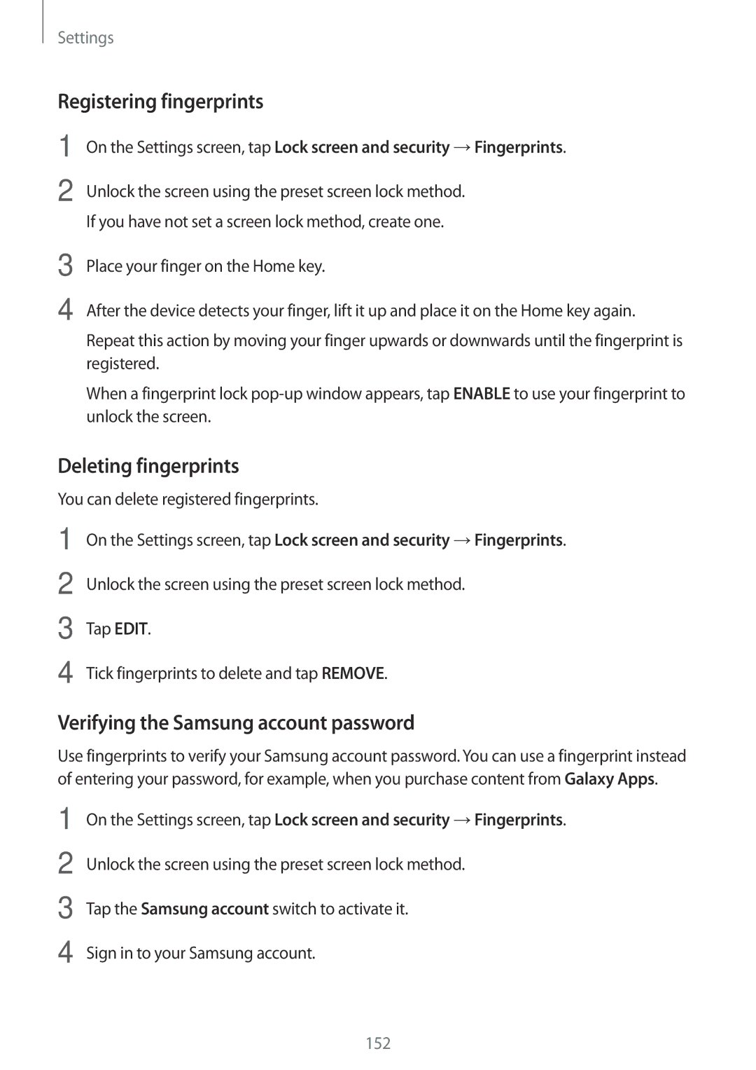 Samsung SM-A320FZINDBT manual Registering fingerprints, Deleting fingerprints, Verifying the Samsung account password 