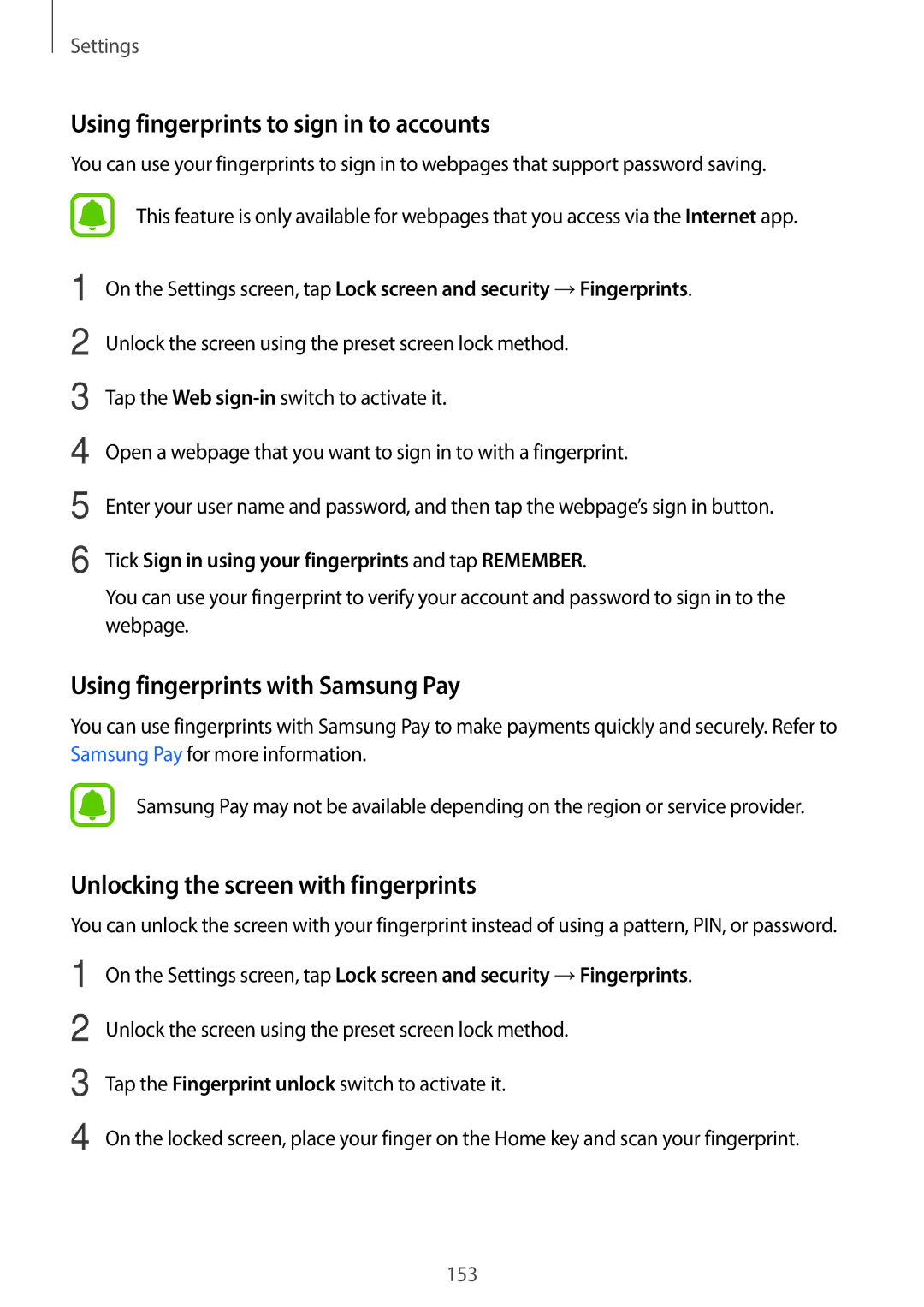 Samsung SM-A320FZBNDBT, SM-A320FZDNDBT manual Using fingerprints to sign in to accounts, Using fingerprints with Samsung Pay 