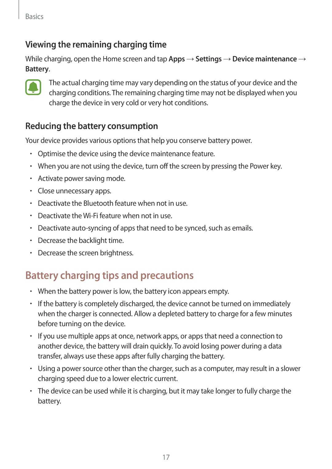 Samsung SM-A320FZKDKSA, SM-A320FZDNDBT manual Battery charging tips and precautions, Viewing the remaining charging time 