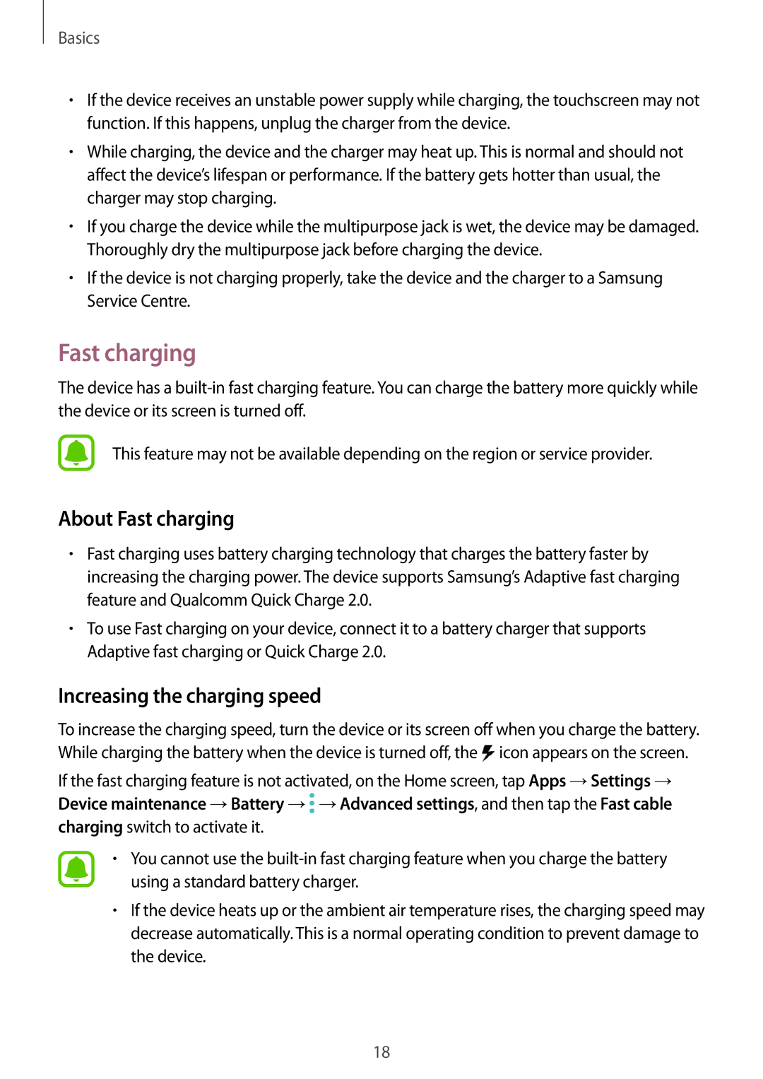 Samsung SM-A320FZIDKSA, SM-A320FZDNDBT, SM-A320FZKNDBT manual About Fast charging, Increasing the charging speed 