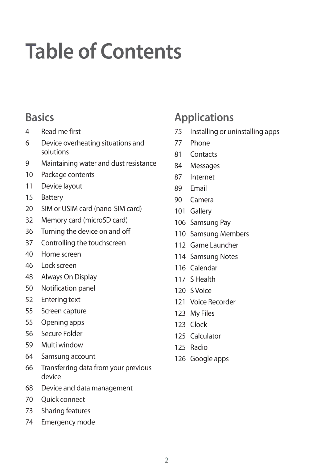 Samsung SM-A320FZINDBT, SM-A320FZDNDBT, SM-A320FZKNDBT, SM-A320FZBNDBT, SM-A320FZKNXEF, SM-A320FZDNXEF manual Table of Contents 