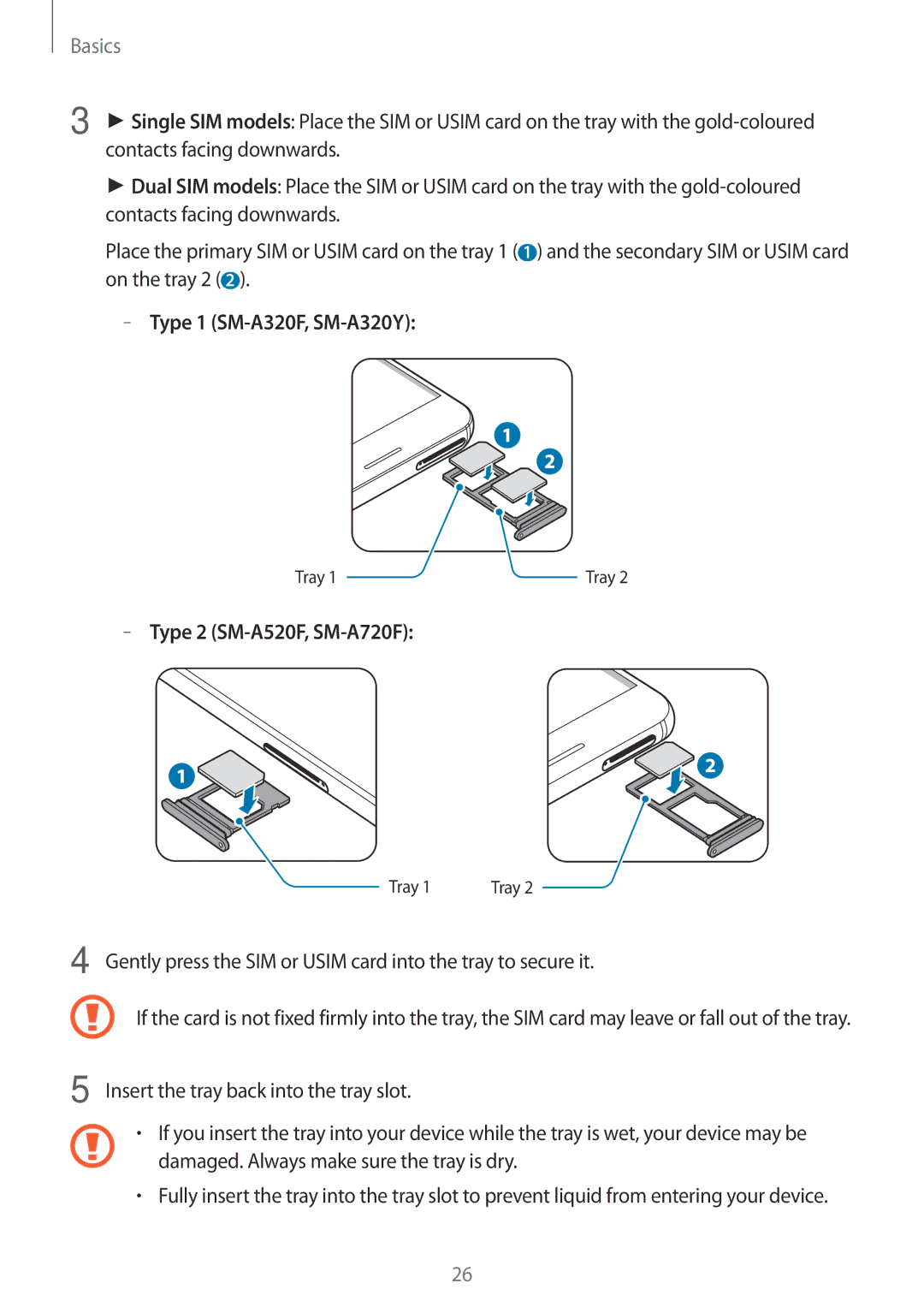 Samsung SM-A320FZINSEE, SM-A320FZDNDBT, SM-A320FZKNDBT manual Gently press the SIM or Usim card into the tray to secure it 