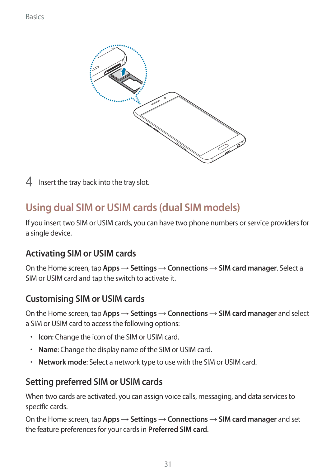 Samsung SM-A320FZKNNEE, SM-A320FZDNDBT manual Using dual SIM or Usim cards dual SIM models, Activating SIM or Usim cards 