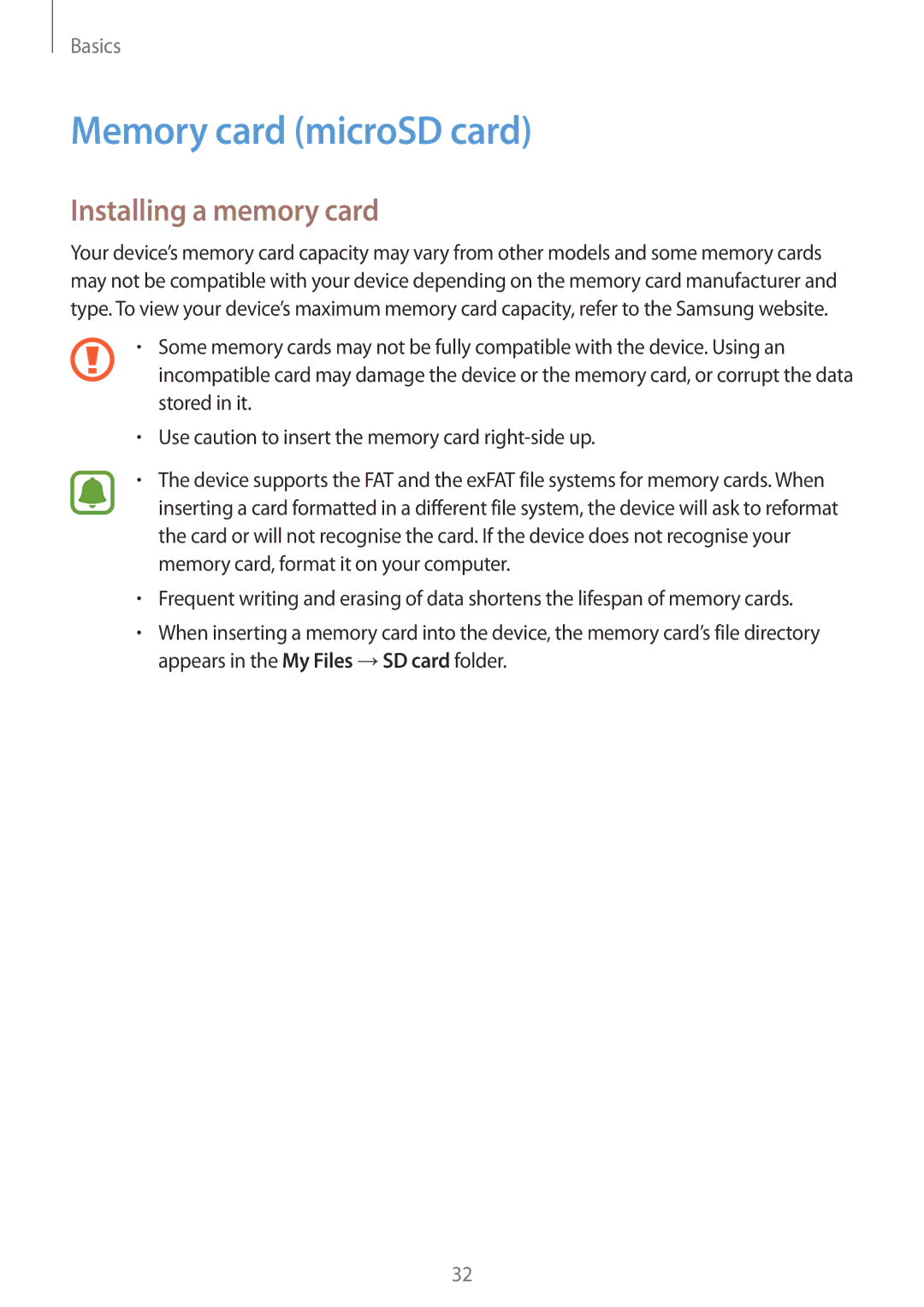 Samsung SM-A320FZDNNEE, SM-A320FZDNDBT, SM-A320FZKNDBT, SM-A320FZINDBT Memory card microSD card, Installing a memory card 