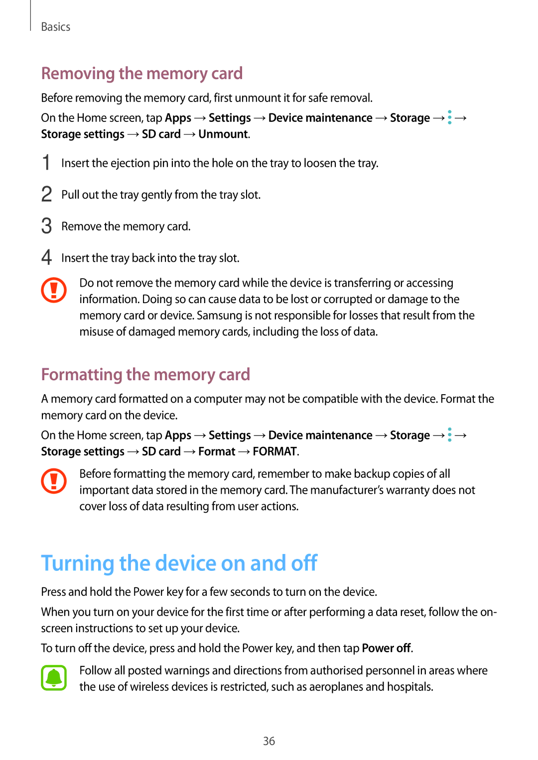 Samsung SM-A320FZDNSEB, SM-A320FZDNDBT Turning the device on and off, Removing the memory card, Formatting the memory card 