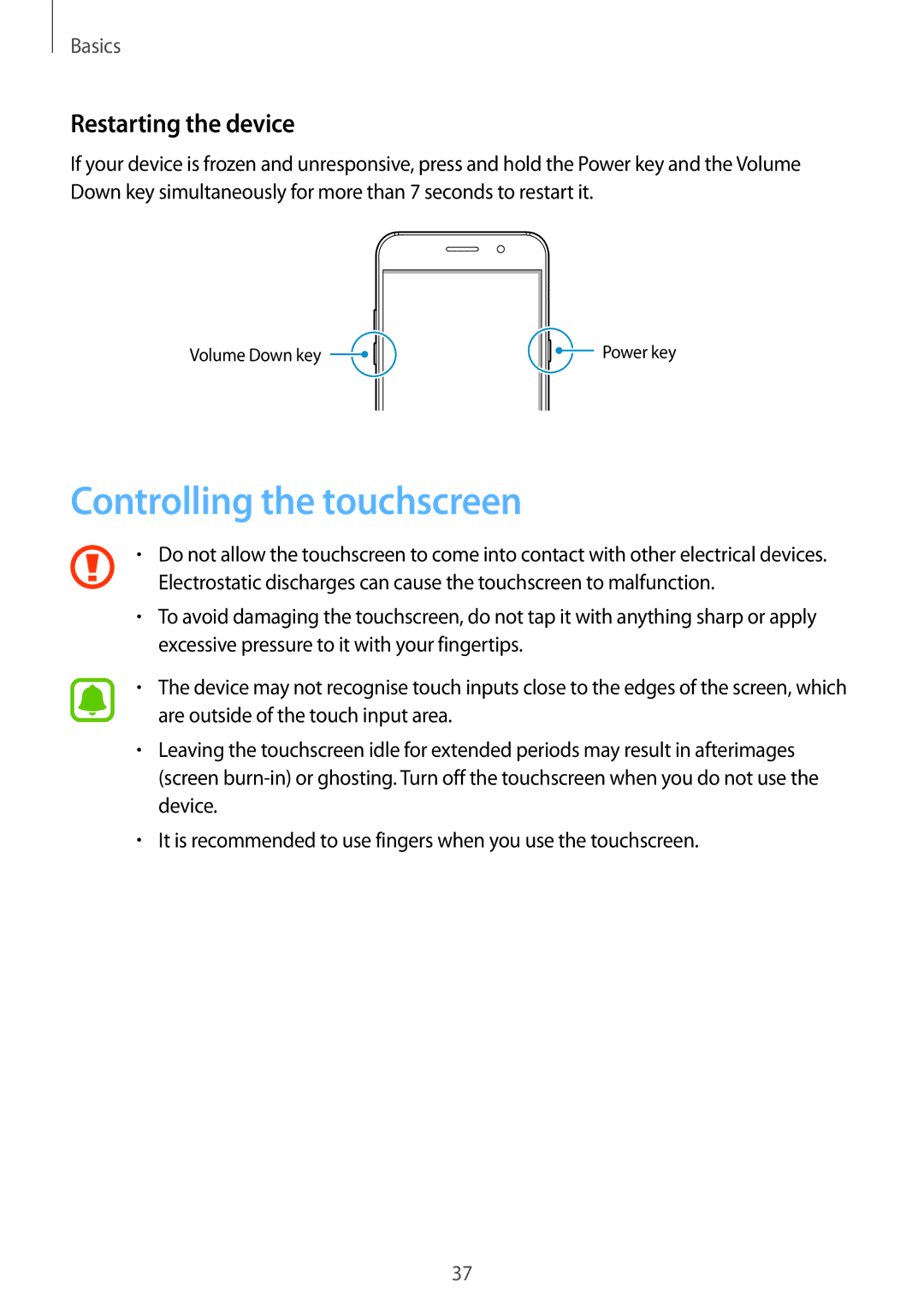 Samsung SM-A320FZKNCOS, SM-A320FZDNDBT, SM-A320FZKNDBT, SM-A320FZINDBT Controlling the touchscreen, Restarting the device 