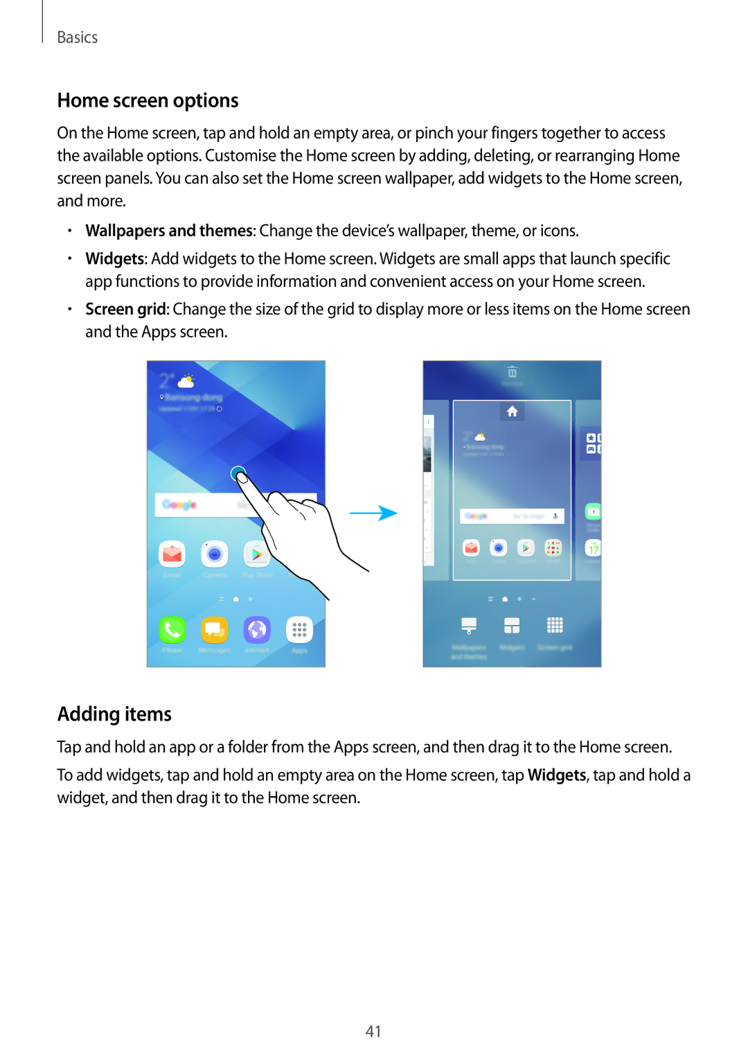 Samsung SM-A320FZINCYV, SM-A320FZDNDBT, SM-A320FZKNDBT, SM-A320FZINDBT, SM-A320FZBNDBT manual Home screen options, Adding items 