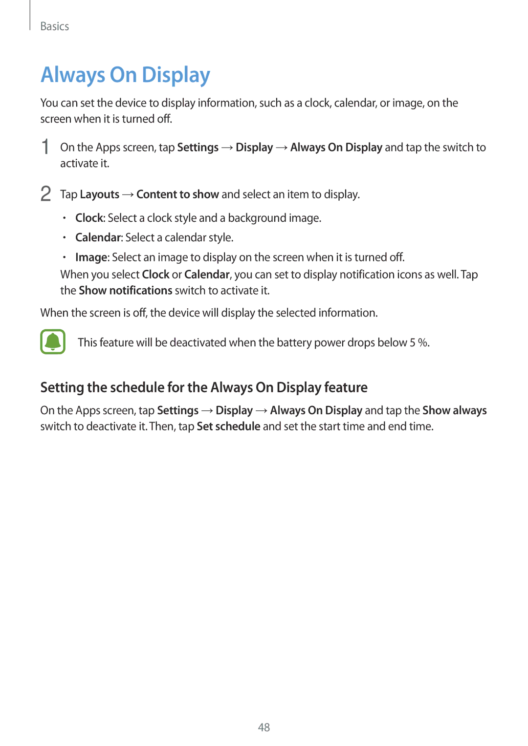 Samsung SM-A320FZINVGR, SM-A320FZDNDBT, SM-A320FZKNDBT manual Setting the schedule for the Always On Display feature 