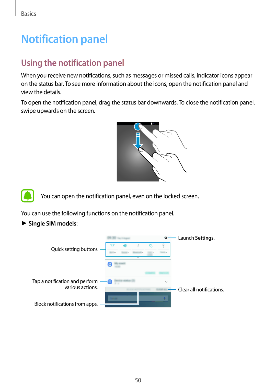 Samsung SM-A320FZDNDBT, SM-A320FZKNDBT, SM-A320FZINDBT Notification panel, Using the notification panel, Single SIM models 