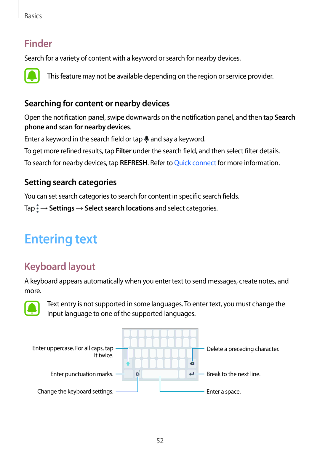 Samsung SM-A320FZINDBT, SM-A320FZDNDBT Entering text, Finder, Keyboard layout, Searching for content or nearby devices 