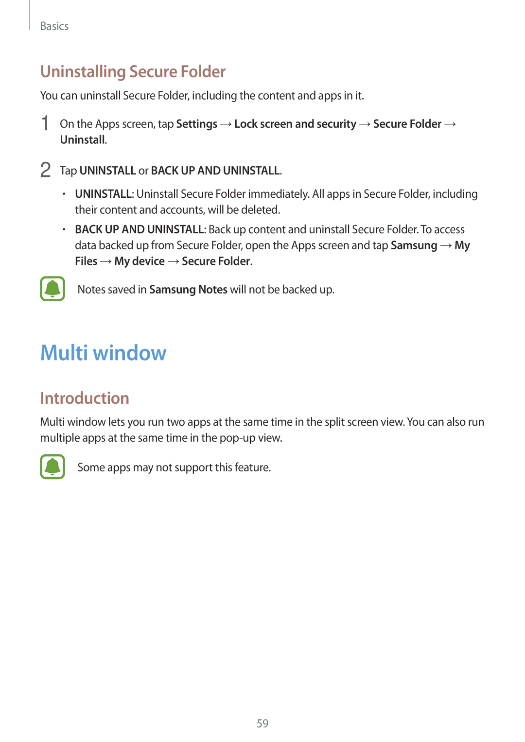 Samsung SM-A320FZINITV, SM-A320FZDNDBT Multi window, Uninstalling Secure Folder, Tap Uninstall or Back UP and Uninstall 