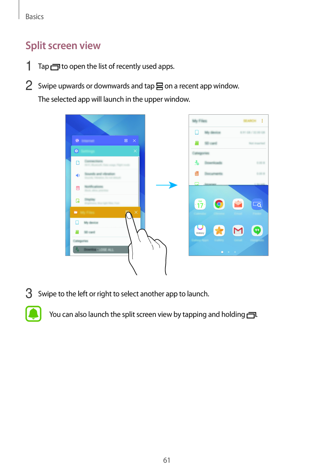Samsung SM-A320FZKNITV, SM-A320FZDNDBT, SM-A320FZKNDBT manual Split screen view, Tap to open the list of recently used apps 