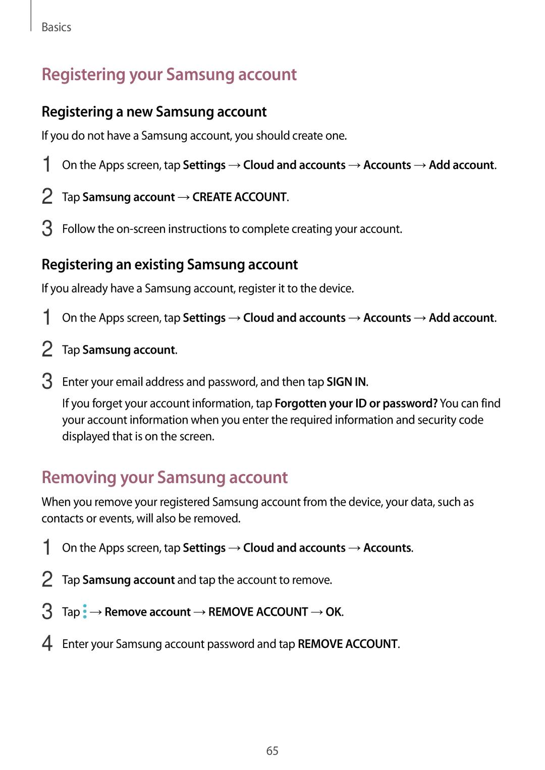 Samsung SM-A320FZKNPHE Registering your Samsung account, Removing your Samsung account, Registering a new Samsung account 