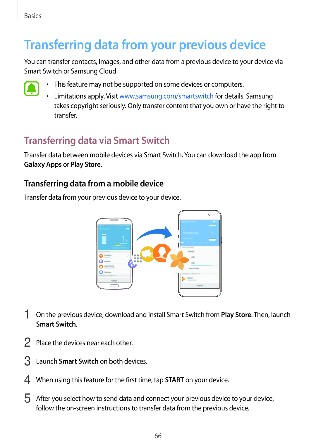 Samsung SM-A320FZDDKSA, SM-A320FZDNDBT Transferring data from your previous device, Transferring data via Smart Switch 