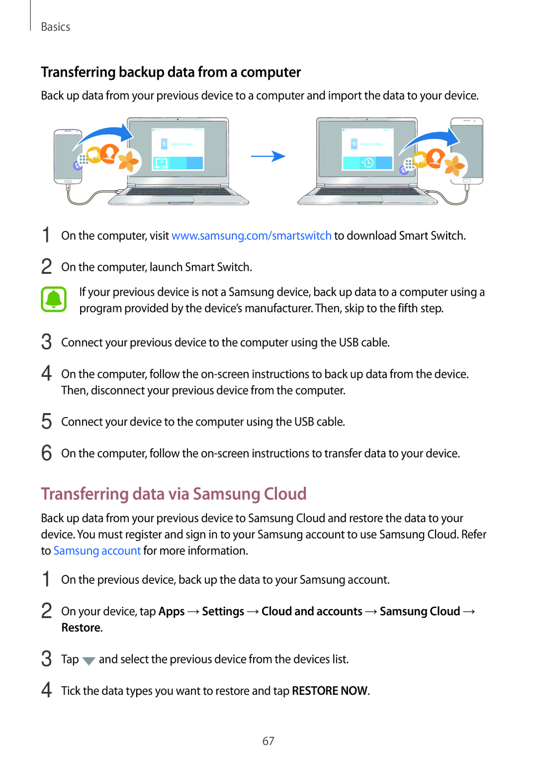 Samsung SM-A320FZKDKSA, SM-A320FZDNDBT manual Transferring data via Samsung Cloud, Transferring backup data from a computer 