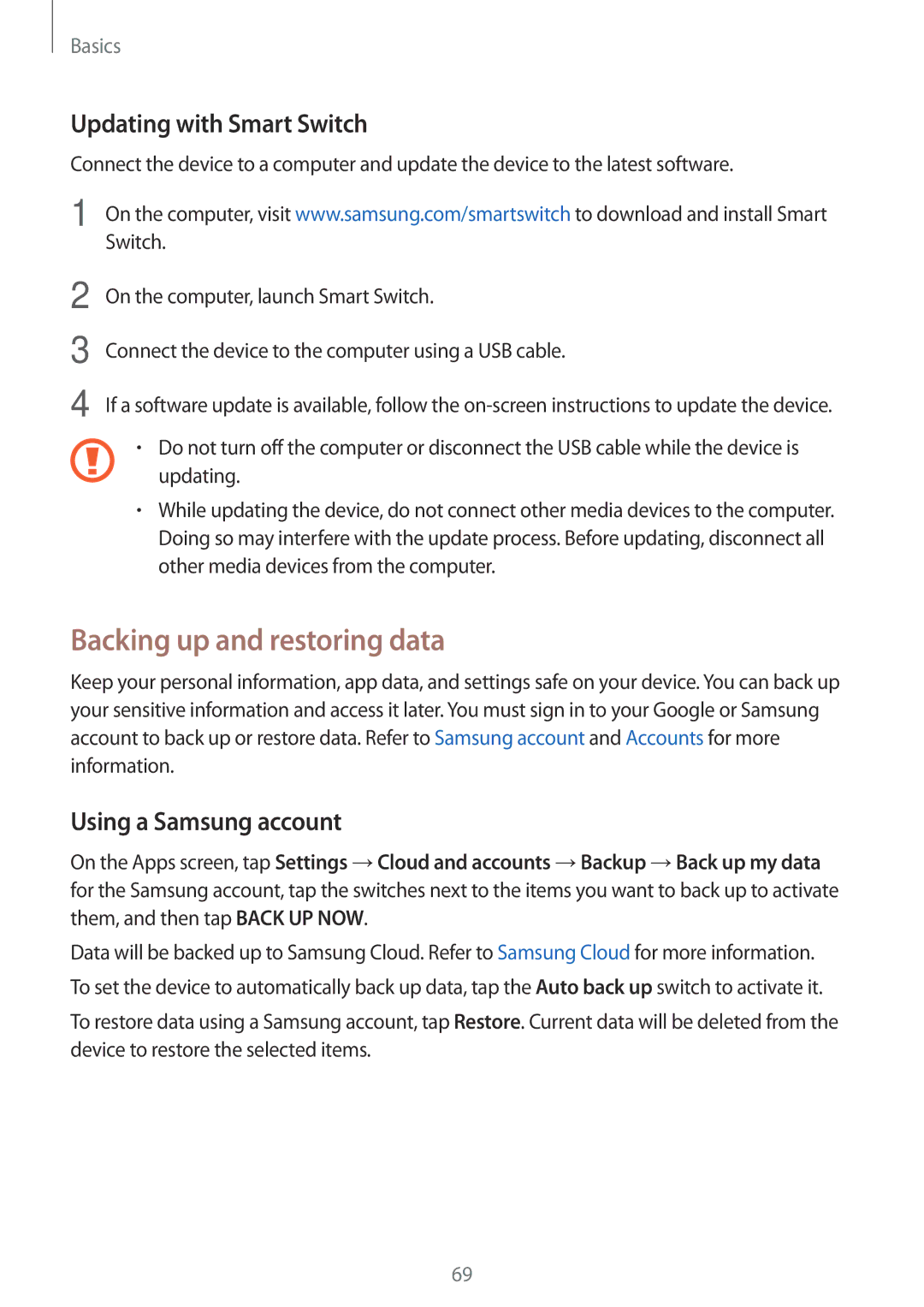 Samsung SM-A320FZBDKSA, SM-A320FZDNDBT Backing up and restoring data, Updating with Smart Switch, Using a Samsung account 