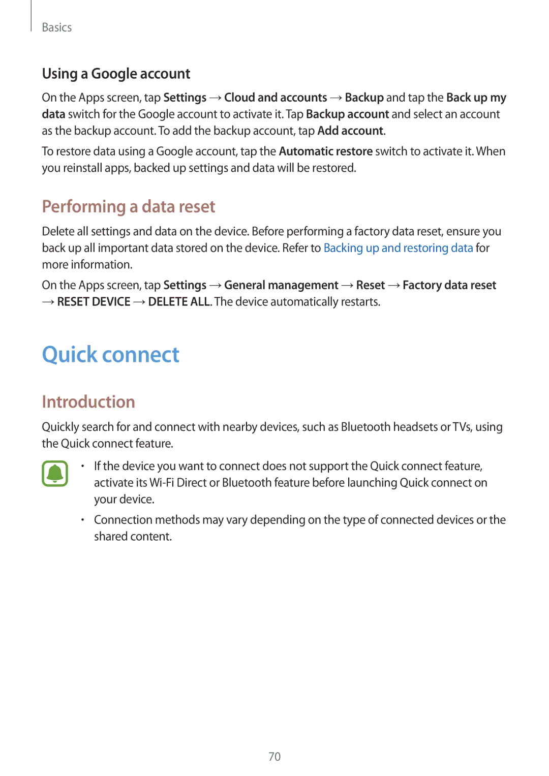 Samsung SM-A320YZDDXXV, SM-A320FZDNDBT, SM-A320FZKNDBT manual Quick connect, Performing a data reset, Using a Google account 