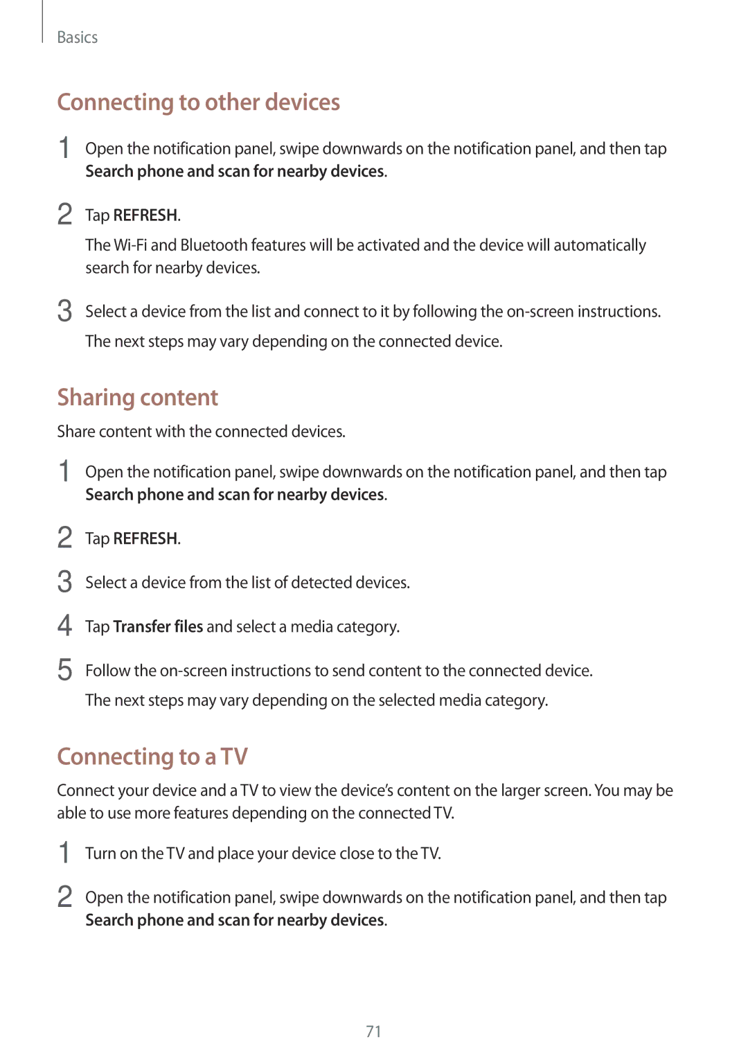 Samsung SM-A320YZKDXXV, SM-A320FZDNDBT manual Connecting to other devices, Sharing content, Connecting to a TV, Tap Refresh 