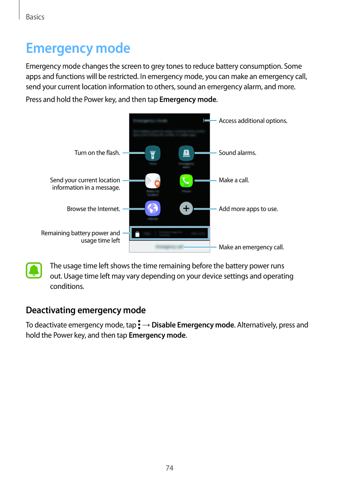 Samsung SM-A320FZBNSEE, SM-A320FZDNDBT, SM-A320FZKNDBT, SM-A320FZINDBT manual Emergency mode, Deactivating emergency mode 