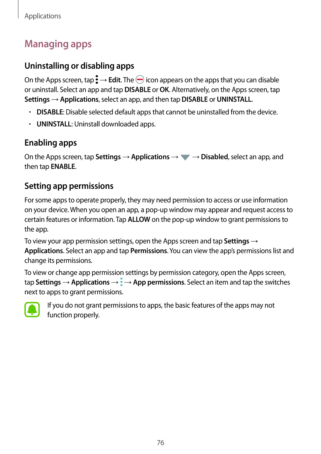 Samsung SM-A320FZINSEE manual Managing apps, Uninstalling or disabling apps, Enabling apps, Setting app permissions 